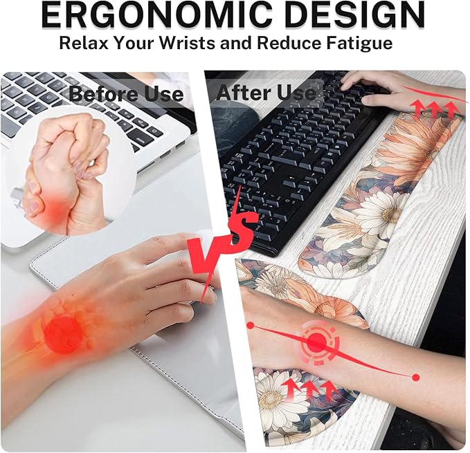Ergonomic Mouse Pad Set with Wrist Rest, Daisy Floral Vintage | Cottagecore Non-Slip Rubber Base Wrist Cushion Support and Coasters Mousepad with Wrist Support for Computer Keyboard
