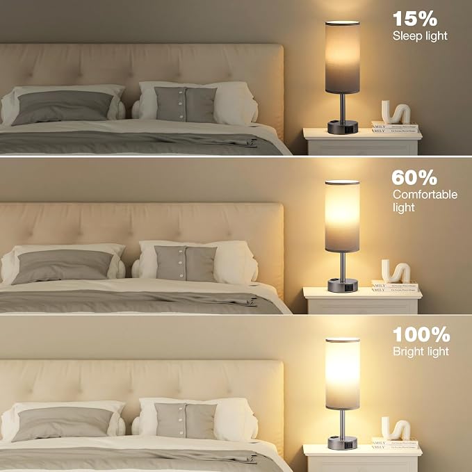 Grey Bedside Table Lamp for Bedroom - 3 Way Dimmable Touch Lamp USB C Charging Ports and AC Outlet, Small Lamp for Living Room, Desk, LED Bulb Included