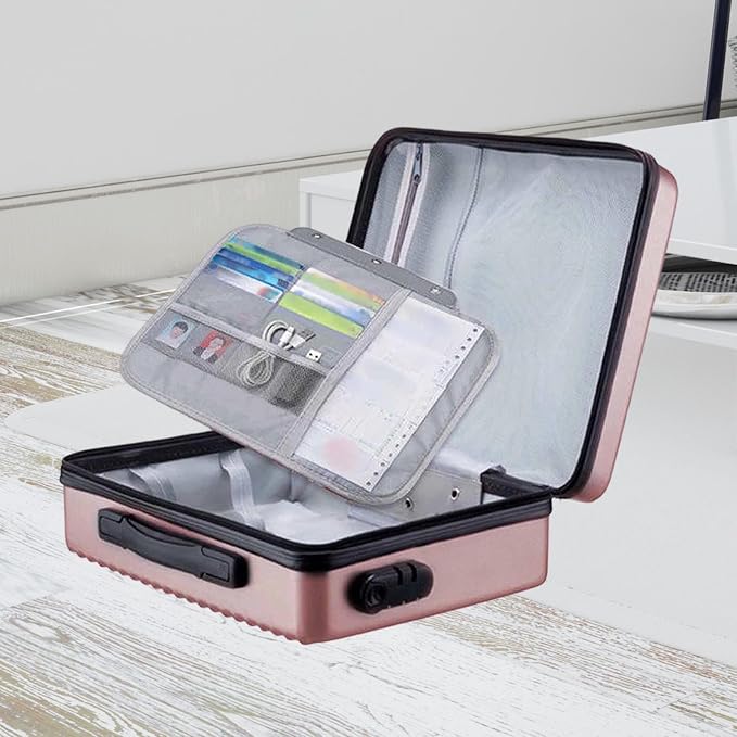 Fireproof Document Box, Secure Storage, Waterproof Briefcase, Sturdy Storage Bag for Contracts, Outdoor, Rose Gold