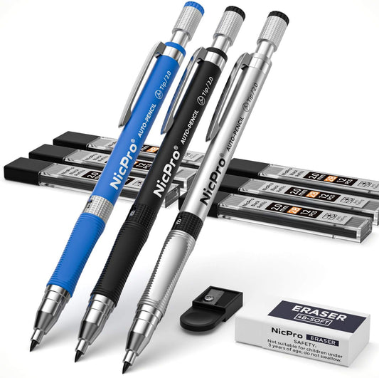 Nicpro 11 Pieces 2mm Mechanical Pencil Set, 3 PCS Carpenter Drafting Pencil 2.0 mm for Art Drawing Writing Sketching Construction with 6 Tube Pre-Sharpen HB & 2B Refill, Eraser, Sharpener