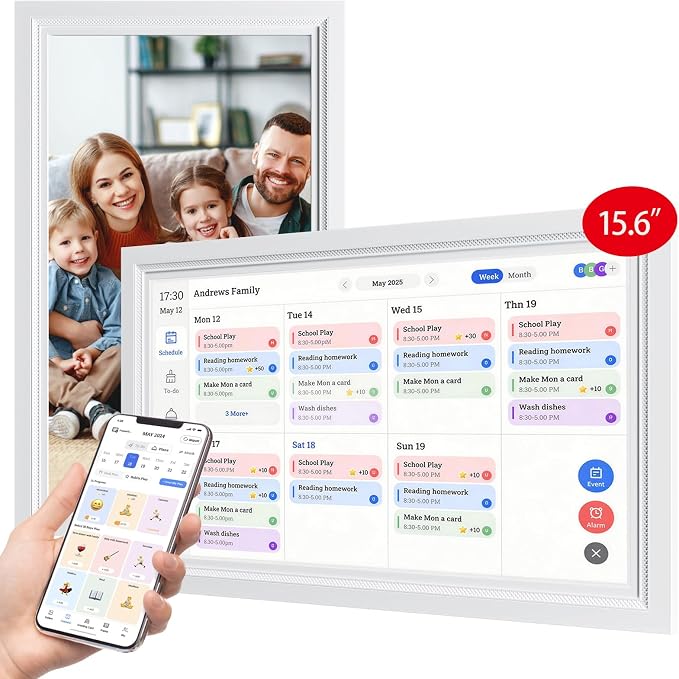 Digital Calendar, 15.6-Inch Smart WiFi Electronic Calendar & Chore Chart, Meal Planner, IPS Touch Screen HD Display for Family Schedules &Digital Picture Frame, Share Moments Instantly from Anywhere