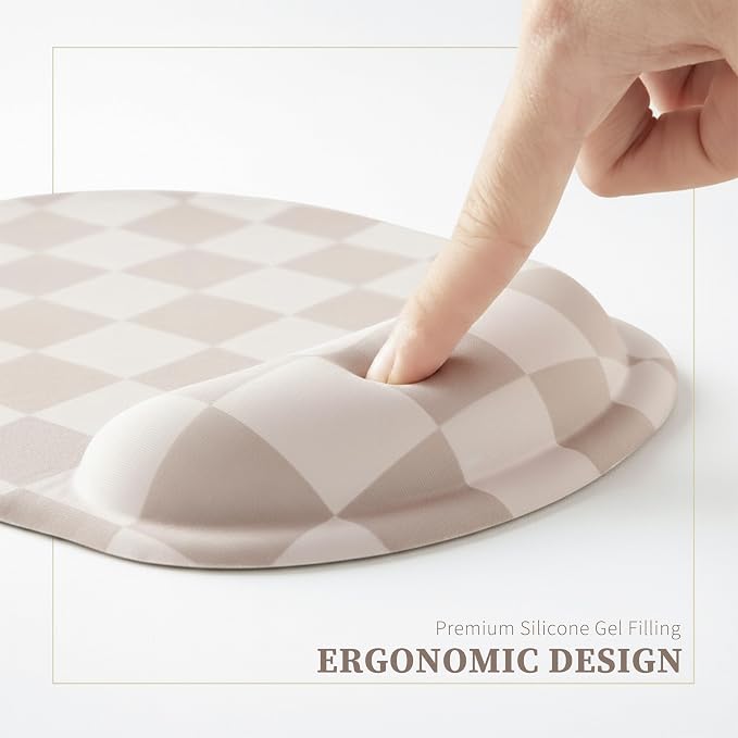 Ohocut Beige Khaki Checkered Mouse Pad with Gel Wrist Rest, Wrist Support, Ergonomic Desk Accessories for Women, Office Laptop Gaming Decor, Cute Aesthetic Check Design