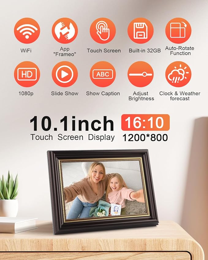 Frameo Digital Frame 10.1 Inch WiFi Digital Photo Frame with 32GB Storage, 1280x800 HD IPS Touch Screen Picture Frames with Frameo APP, Long Distance Realationship Gifts, Elderly Tech-Mocha Brown