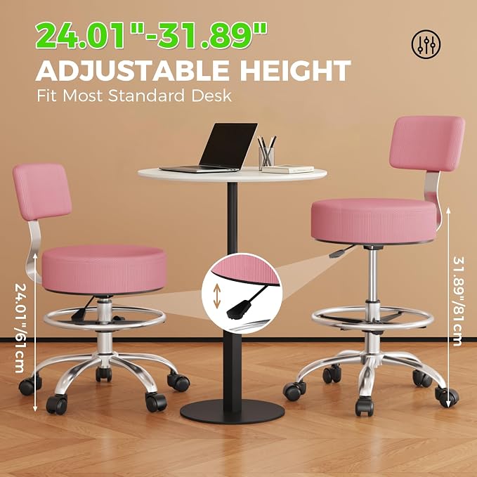 Office Drafting Chair with Footrest, Tall Height Adjustable Stool with Back Support, Heavy Duty Rolling Stool Chair with Wheels for Office Home Kitchen Bar Shop Guitar Studio Vanity, Pink