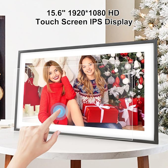 Digital Picture Frame 15.6 Inch Large Frameo Digital Photo Frame，32GB, 1920 * 1080 IPS HD Touch Screen, Electronic Picture Frame IPS Touch Screen with Auto-Rotate, Frameo Digital Frame WiFi(Black)