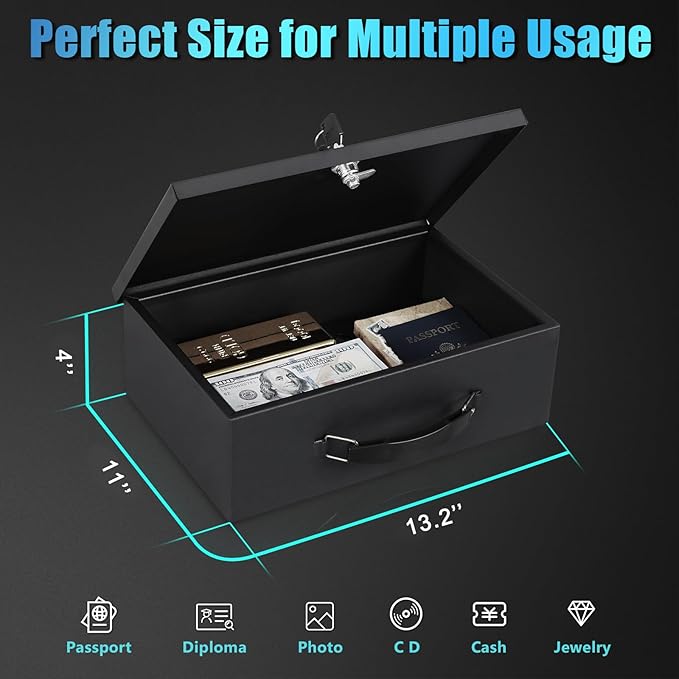 xydled Fireproof Document Box with Key Lock, Fire Safe Box, Black | Fire and water resistant lock box for documents, passports, cash and valuables, keeping secure at home, 13.2 x 11 x 4 Inch