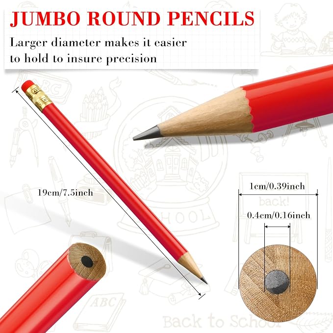 Fainne 96 Pcs Jumbo Pencil with Black Core Cedar Wooden Pencil with Eraser for Carpenters Students Teachers School Construction Woodworkers Beginners Office Workers(Red,Classic)