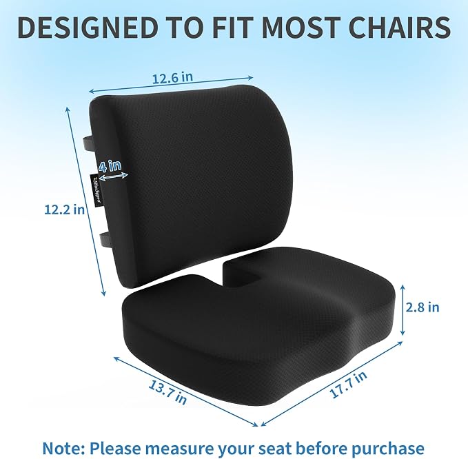 Seat Cushion &Office Chair Cushion,Lumbar Support Pillow for Office Chair,Ergonomic Memory Foam Non-Slip Office Chair Cushion,Back Support Cushions for Tailbone&Sciatica Pain Relief Black