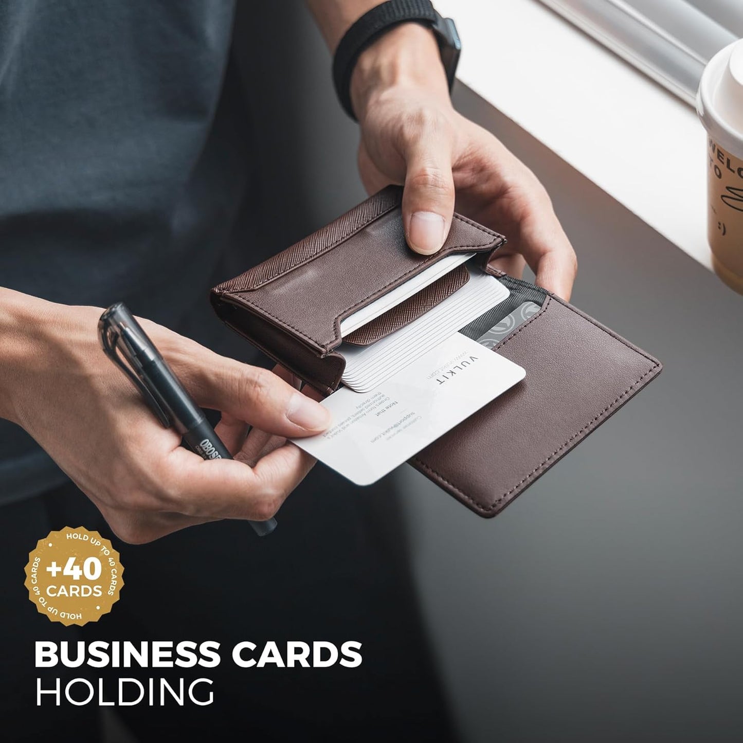 VULKIT Business Card Holder Premium Leather RFID Blocking Card Case With ID Window Magnetic Closure Holds Up to 40 Business Cards