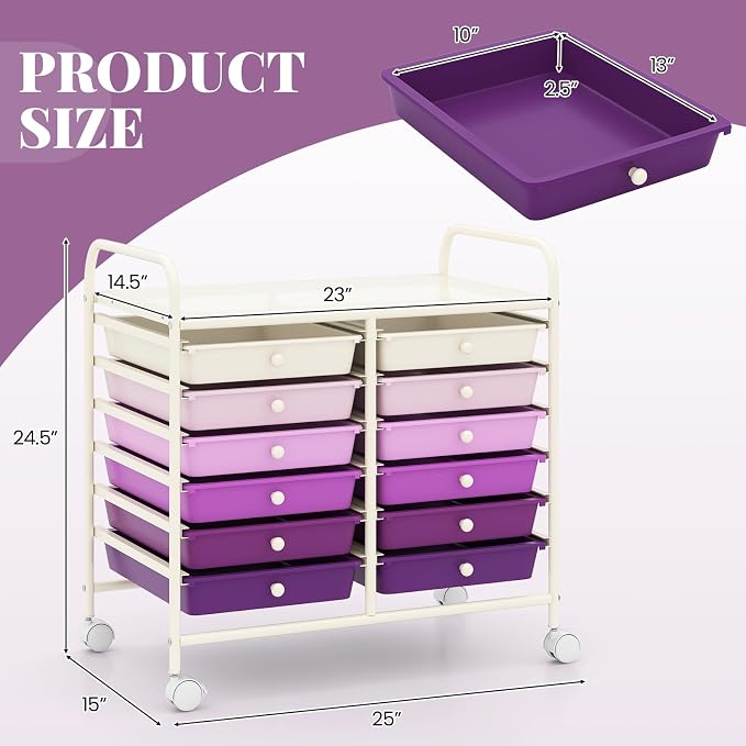 RELAX4LIFE 12-Drawer Rolling Storage Cart - Mobile Utility Cart on Wheels for School Classroom Teacher Office Salon, Paper File Art Supply Craft Organizer, Rolling Cart with Drawers (Gradient Purple)