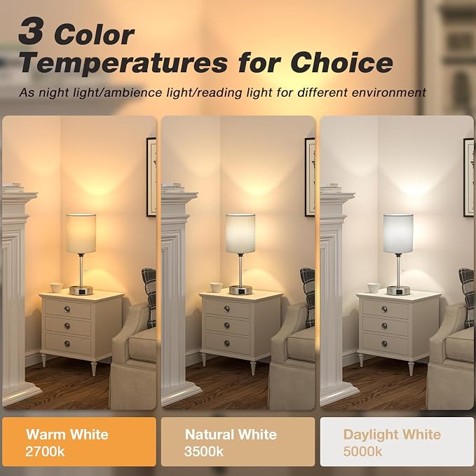Small Bedside Table Lamp for Bedroom - Desk Lamp with USB Ports for Dorm | USB A+C Ports, AC Outlet, 3 Color Temperatures, LED Bulb Included, Grey Fabric Shade, Sleek Silver Base, 14" Night Stand Lamp