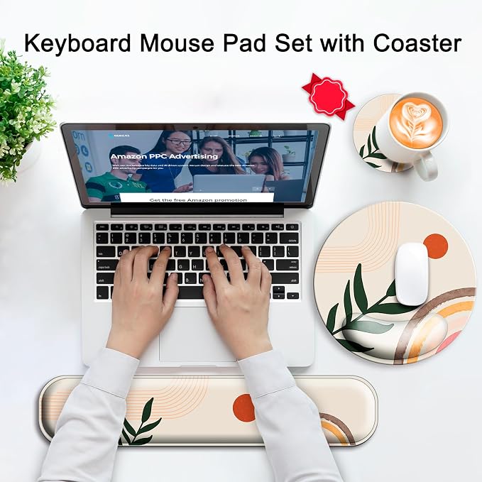 Mouse Pad and Keyboard Wrist Rest Support,Ergonomic Mouse Pad Set | Mousepad With Coaster and Non-Slip PU Base,Pain Relief for Desk Desktop Gaming, Computer,Office -Beach