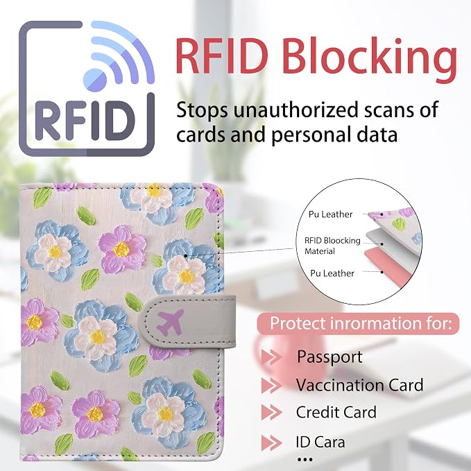 Passport Holder, Cute Travel Wallet Cover with RFID Blocking, | PU leather travel wallet with magnetic closure, card slots, pen loop, and easy access for passports and essentials.