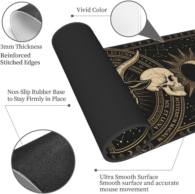 Gothic Skull Goat Gaming Mouse Pad Large Extended Desk Mat Non-Slip Rubber Base Keyboard Pad with Stitched Edges for Office Gaming 31.5x11.8 in