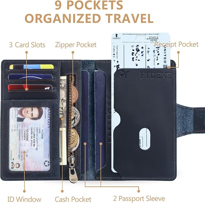 Passport Wallet for Men, Full Grain Leather Passport Holder, AirTag Slot | 2-3 Passport Capacity, Slim for Travel, Multiple Pockets, Magnetic Closure, RFID Blocking, Card Slots, Men & Women, Blue