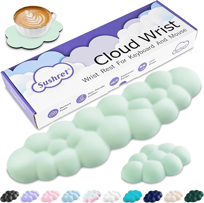 Cloud Wrist Rest Keyboard, Cloud Keyboard Wrist Pad Set with PU Leather Memory Foam, Cute Arm Rest for Palm Support, PC/Gaming Desk Accessories/Office Setup/Computer Hand Cushion - Light Green