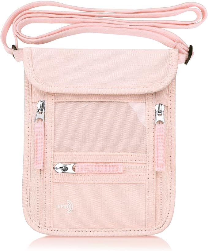WALNEW Passport Holder Neck Pouch Travel Wallet for Women and Men, RFID Blocking Security Slim Traveling Wallet with Around Neck Lanyard Strap, Pink | Around Neck Lanyard Strap, Travel Safety Anti Theft Bag, Neck Wallet for Traveling Women