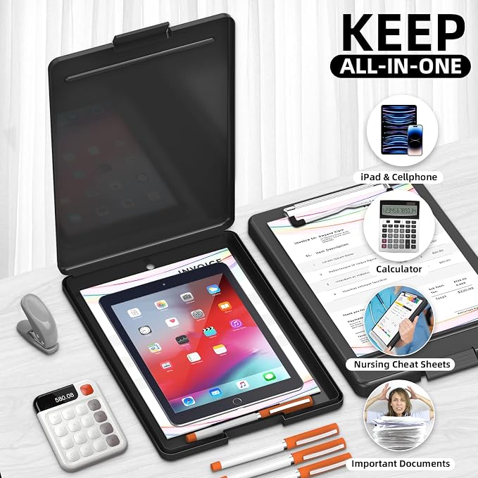 Clipboard with Storage, Plastic Storage Nursing Slim Clipboard with Low Profile Clip, Foldable Letter Size for Nurse, Kid, Salary, Coach, Jobsite, Industrial, Office(9" x 13"x 0.8", Black)