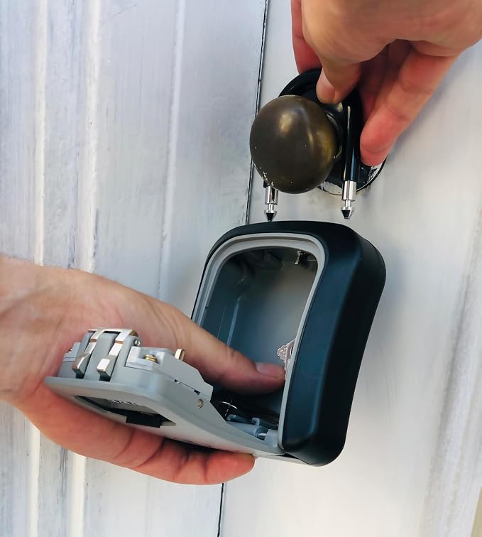 Iron Lock® Medium Key Lock Box with Code, U-Shackle Opens Fully Out (Grey) | Built-in key hooks + catch tray; hangs on handles, gates, fences or a hasp; wall-mountable; dial cover; no batteries