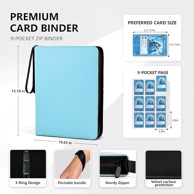 9 Pocket Trading Card Zip Binder - Holds 1080 Cards, 60 Pages Large-Capacity,Double-Sided Removable Sleeves, Suitable for Game Cards/Sports Cards Storage,Light Blue