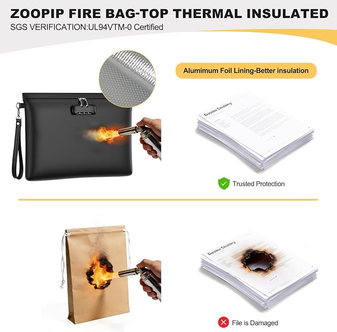 Fireproof Document Bag with Lock, ZOOPIP 14.6"x10.5" Fireproof and Waterproof Money Bag with Zipper Closure, Storage Pouch for A4 Letter Size Document, Cash, Cell Phone, Passport-Black