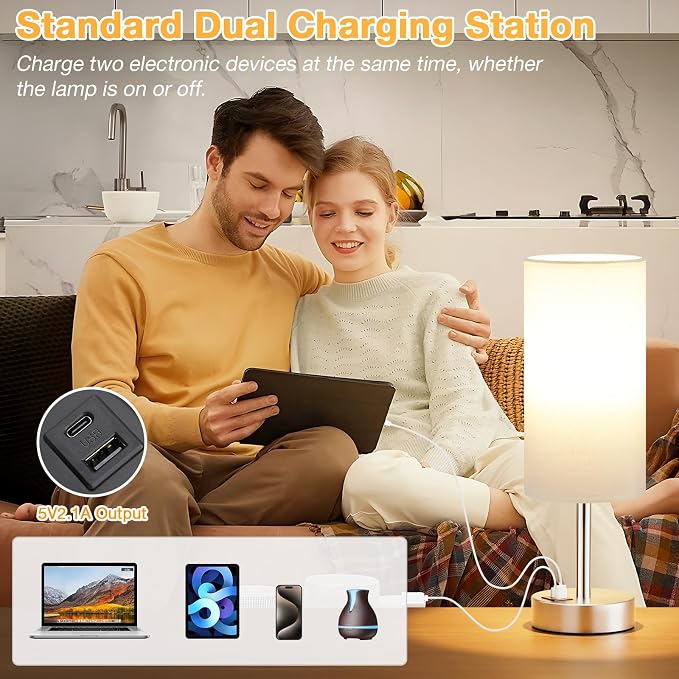 Dicoool Bedside Table Lamp for Bedroom - 3-Way Dimmable Touch Lamp, USB A+C | LED Bulb Included, 14" Small Nightstand Lamp for Desk, Living Room, Guest Room, White Fabric Lampshade, Silver Metal Base