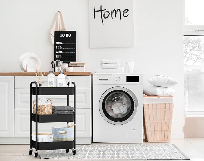 3-Tier Rolling Metal Storage Organizer - Mobile Utility Cart, Kitchen Cart with Caster Wheels (Black)