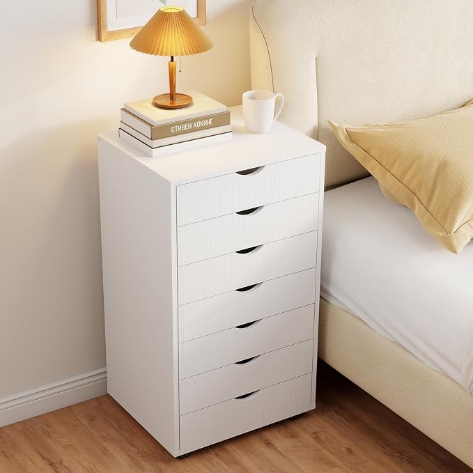 OLIXIS 7 Drawer File Cabinet, Printer Stand with Storage Cabinet | Wood Under Desk Storage Organization Holds Printer, Office Supplies, Not For Hanging Files, Fit Home Office White