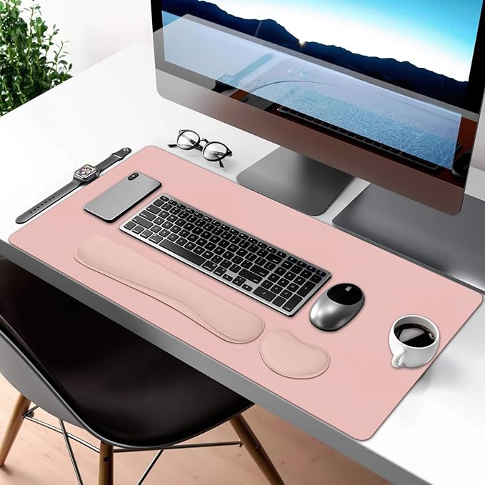 Desk Mat Set,3-in-1 Mouse Pad with Wrist Rest and Keyboard Pad | 31.5" x 15.7" Ergonomic Keyboard and Mouse Pad Set, Memory Foam Keyboard Wrist Rest, Waterproof Computer Mat, Pink