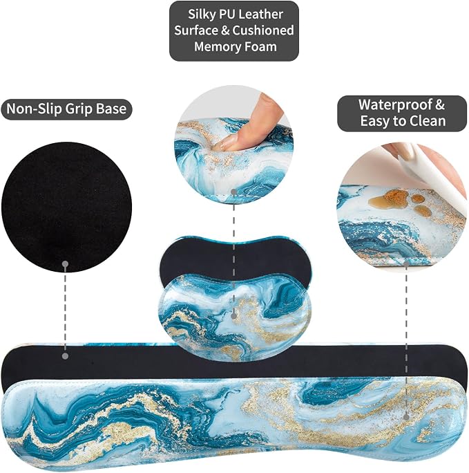 QIYI PU Leather Desk Mat Set, 4-in-1 Ergonomic Wrist Rest, Blue Fluid Art | Waterproof Large Mouse Pad 31.5×15.7 + Keyboard Wrist Rest + Mouse Wrist Support+Coaster, Non-Slip Office Gaming Accessories