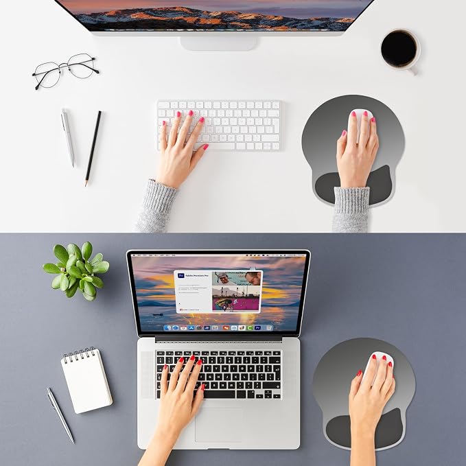 ITNRSIIET Ergonomic Mouse Pad with Wider Memory Foam Wrist Rest +17% - Curved Cushion Reduces Pressure 20%, Pain Relief, Non-Slip, Smooth, Cute Colors, 9.85 x 9 in, Gray Gradient