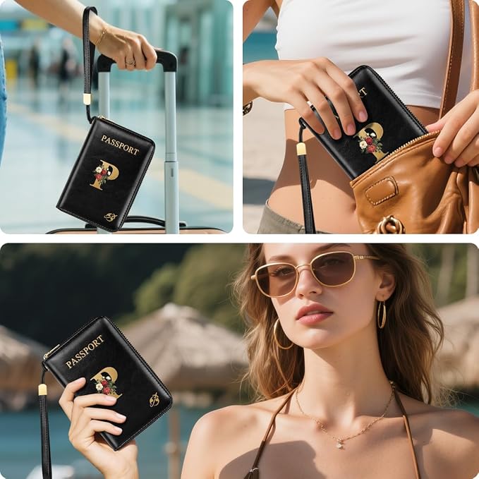 Passport Holder for Travel Personalized Wallet with Wristlet Women | Passport Cover, RFID Blocking, Passport Book Holders, Back Coin Pocket, Zipper Closure, Roses Initial Letter, Black P