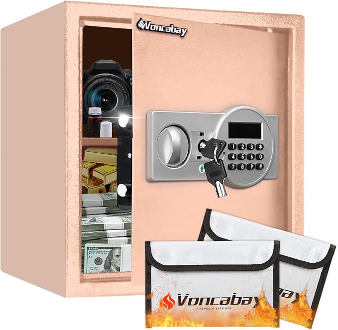 Voncabay Money Safe Box for Home with Digital Keypad, 1.5 Cu. Ft., Khaki | Alloy Steel, 2 Fireproof Bags, Digital Keypad with Display, Removable Shelf, Alarm System, 14 x 13 x 13 In.