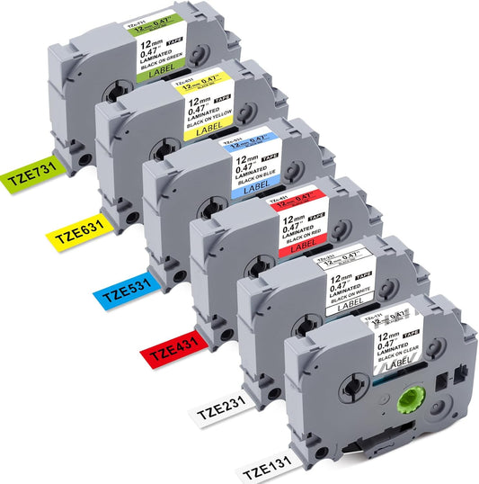 PTD210 Tape TZe131 TZe231 TZe431 TZe531 TZe631 TZe731 P Touch Label Tape 12mm 0.47 Laminated Tape Compatible P-Touch PTH110 PTH100 PTD210 PTD200 PTD400AD PTD600 Label Maker (6 Pack Combo Set)