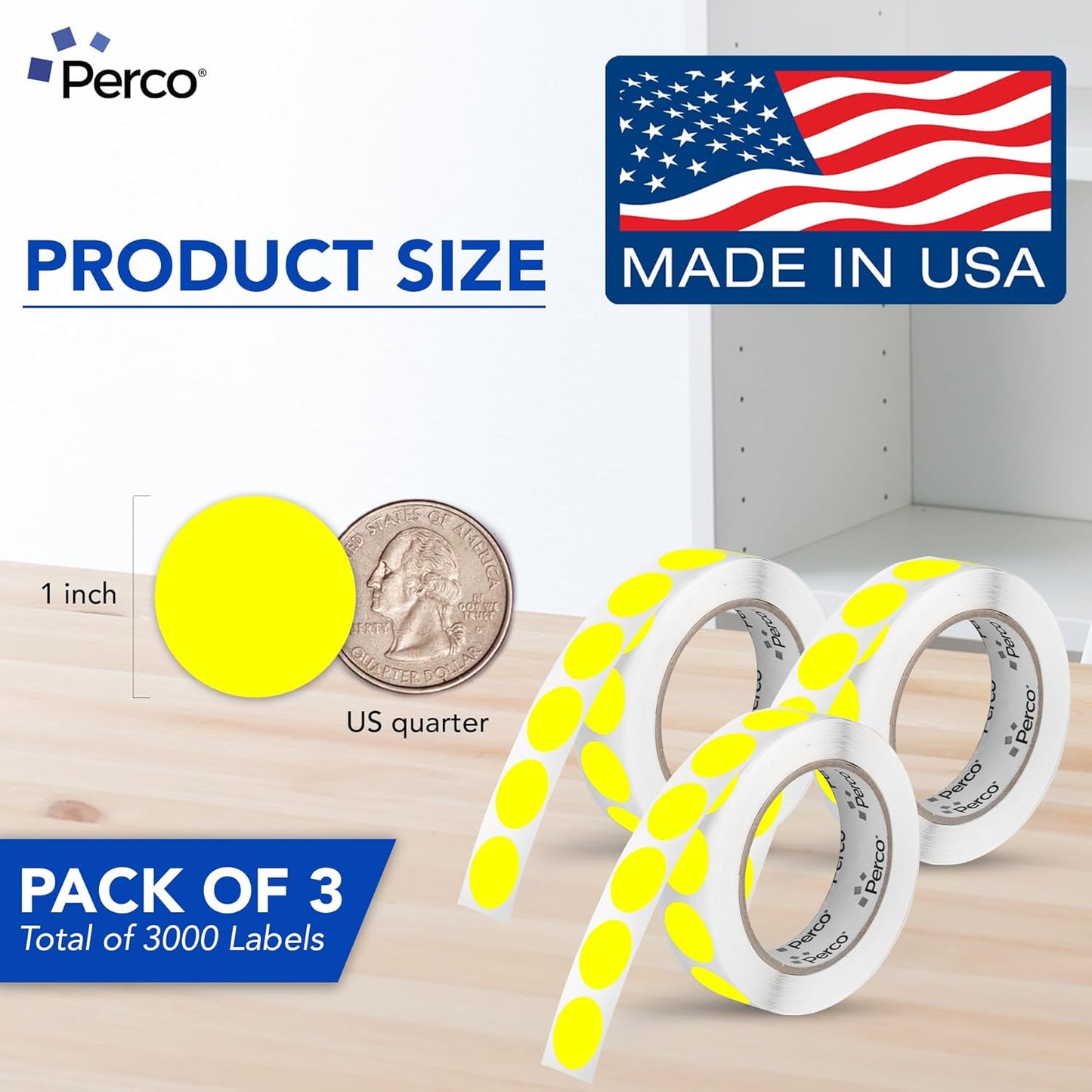 Perco Fluorescent Yellow 1-Inch Round Circle Dot Sticker Labels - Multi-Roll Pack (3 Rolls, 1,000 Labels Each) - Permanent Adhesive, Vibrant Colors, Strong Hold - Perforated for Easy Use - Made in USA