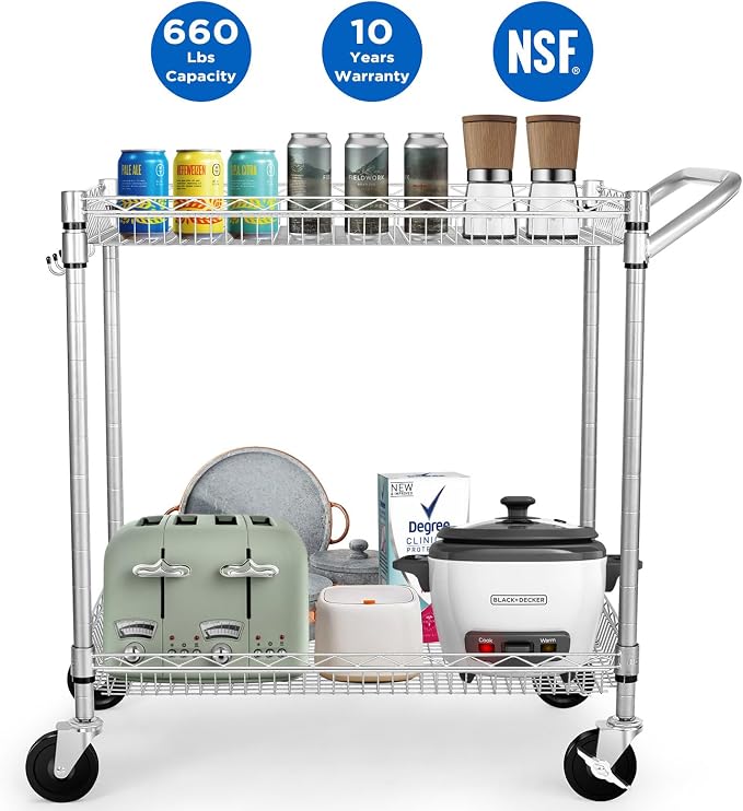 Heavy Duty 2 Tier Rolling Cart, NSF Listed, 660Lbs Capacity, Commercial Grade Metal, 35.63"x18.1"x33.93"