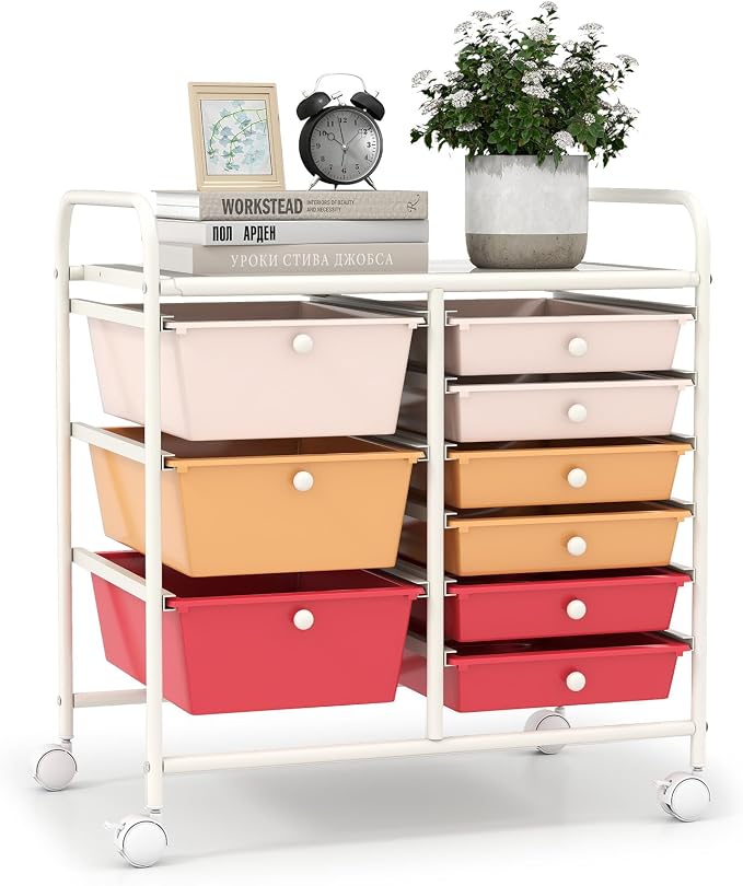 9 Drawer Rolling Storage Cart, Rolling Cart with Drawers for Classroom, Art Supply Craft Organizer on Wheel with Metal Frame & Handles for Home Office School