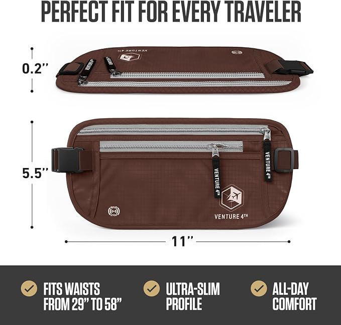 VENTURE 4TH Travel Money Belt, RFID Blocking Passport Holder - Brown
