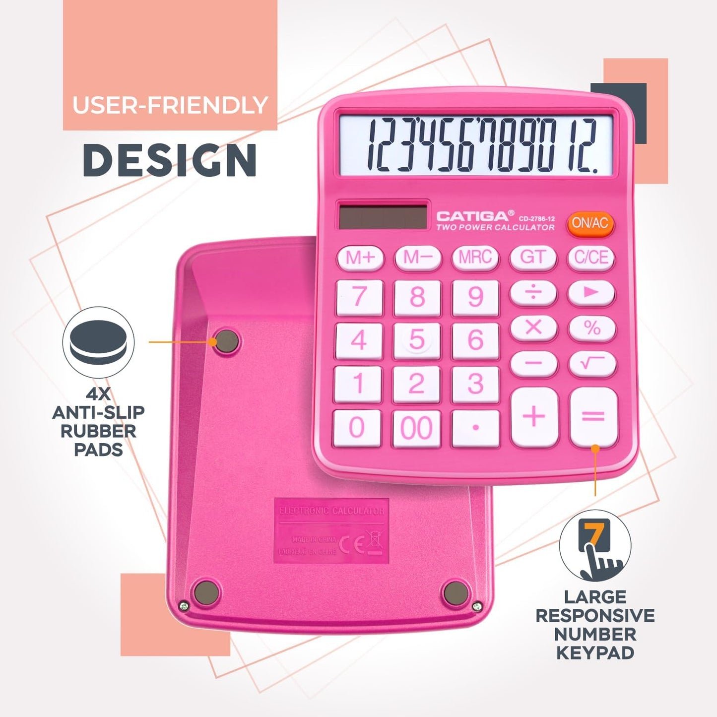 CATIGA Desktop Calculator (2 Pack) 12 Digit with Large LCD Display and Sensitive Button, Solar and Battery Dual Power, Standard Function for Office, Home, School, CD-2786 (Blue/Pink)