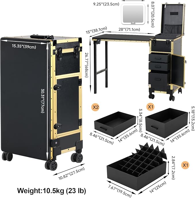 Rolling Portable Manicure Table with 3 Drawers, Lockable Makeup Train Case with Detachable Mirror, Foldable Nail Desk with Wheels & Handle, Mesa de Uñas Profesional para Nail Techs & Salon Use, Gloden