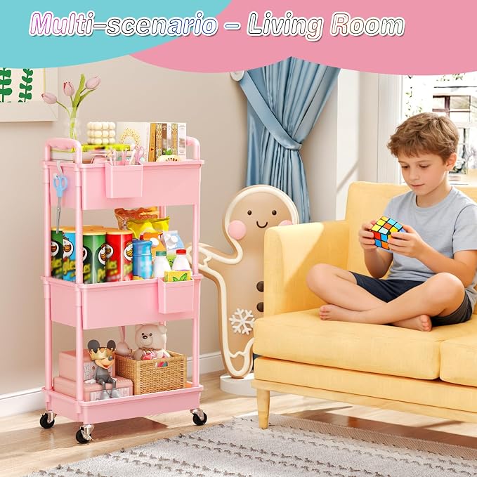 SUNALLY Baby Diaper Caddy Cart, 3 Tier Rolling Diaper Cart for Nursery,Pink | Large Capacity & Easy Assemble Diaper Storage Organizer with Lockable Wheels for Newborn, New Mom, Baby Girl Boy Essentials