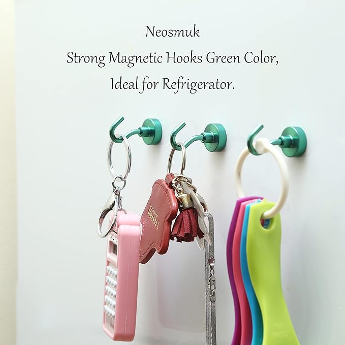 Neosmuk Magnetic Hooks, Heavy Duty 30lb+ Strong Magnet Hook for Cruise Cabins, Cruise Essentials 2026 for Hanging, Metal Wall Refrigerator Hangers (Green, 15 Pack)