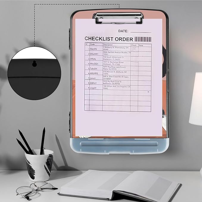 Clipboard with Storage,Storage Clipboard with Pen Holder,Heavy Duty Plastic Storage Clipboard with Low Profile Clip,Teacher Must Haves,Clipboard Folder,Office Supplies,Black and red Cat -1332