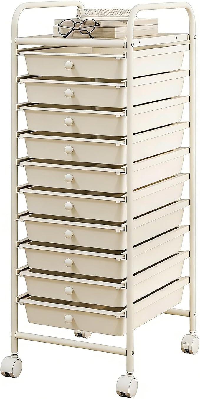 GLACER 10 Drawers Rolling Cart, Storage Cart with w/Removable Drawers & Steel Frame, Utility Mobile Trolley w/Universal Casters & 2 Brakes, Organizer Cart for Home, School, Office (Ivory)