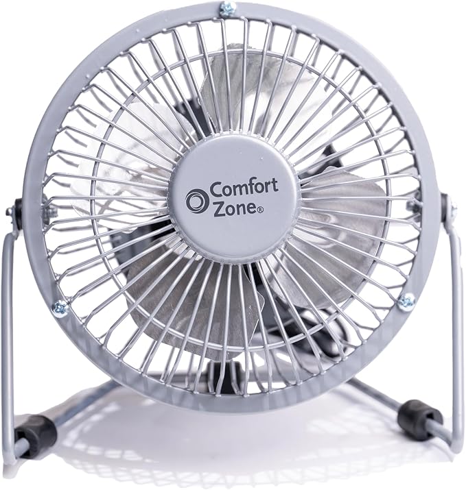 Comfort Zone 4-inch All-Metal Mini Desk Fan – High Velocity Portable USB Fan with 120V Wall Adapter, 360° Adjustable Tilt & Quiet Operation – Compact Electric Table Fan for Office, Home & Travel