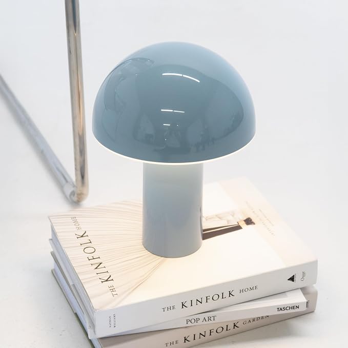 Brightech Celia Small Lamp – 10" Touch-Controlled Mushroom Table Lamp, Cordless & Dimmable LED, Portable & Rechargeable Bedside Night Light, Sustainable Recycled Modern Lamp for Home Décor, Light Blue