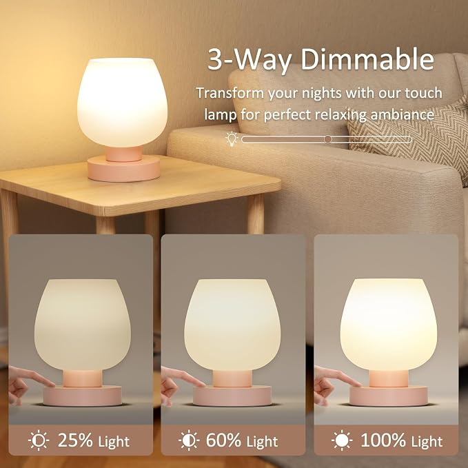 Seealle Pink Touch Table Lamp for Nightstand - Small Bedside Lamp for Bedroom Living Room Night Stands, Desk Lamp with White Glass Shade for Small Spaces, 3 Way Dimmable, LED Bulbs