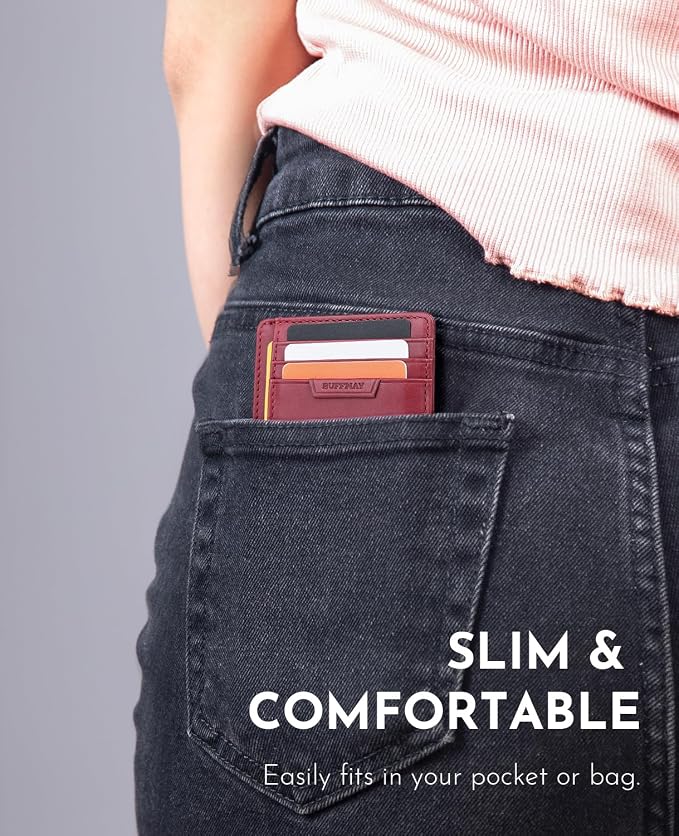 Buffway Slim Wallet for Men Women Minimalist Small Leather Front Pocket Wallets with RFID Blocking and Gifts Box - Bassa Mars Red