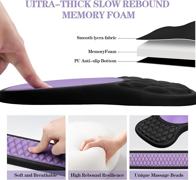 Wrist Rest for Computer Keyboard and Mouse Pad Set with Massage Design | Ergonomic Memory Foam Wrist Support Mouse Pad for Pain Relief,Easy Typing,Desk Wrist Pad for Office Home(2-in-1 Black+Purple)