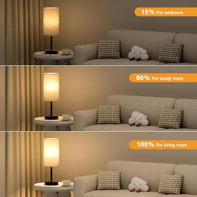 Touch Table Lamp - Beige, 3-Way Dimmable, USB A + C Charging, AC Outlet, 17.4inch Medium, Black Metal Base